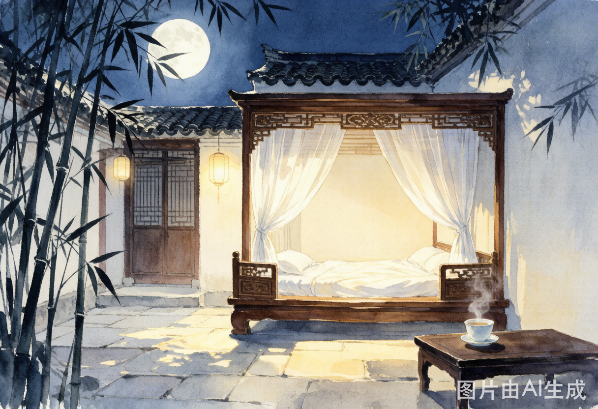 中医失眠科普封面图：水彩风格，夏夜庭院月下安眠意境，淡蓝和暖黄柔和色调