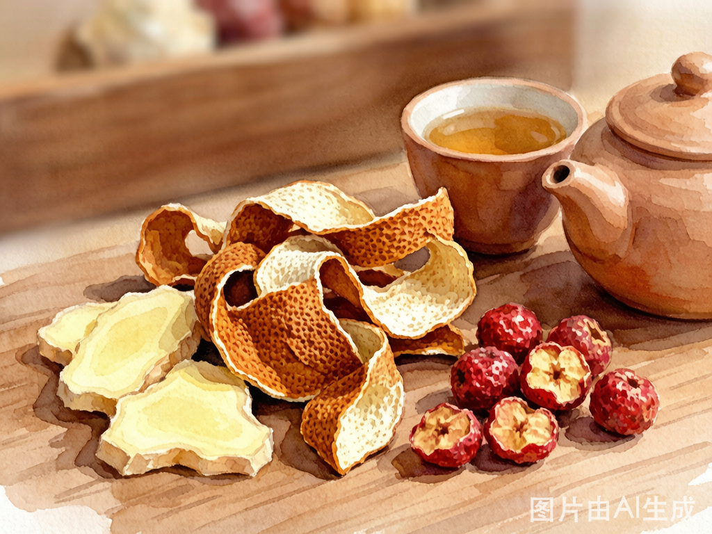 中医食疗食材特写：陈皮、山楂、生姜片与陶壶药茶，自然侧光，水彩风格，温暖大地色调
