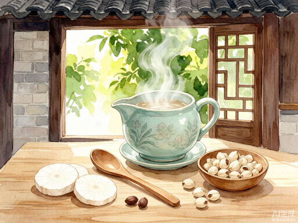 山药莲子羹制作场景，水彩风格，青瓷炖盅冒着热气，木质勺子旁放着新鲜山药和莲子，窗外婆娑绿意，温馨传统厨房氛围