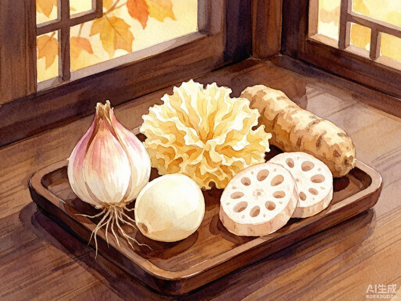 立秋中医养肺水彩画，秋季润燥食材与中药氛围