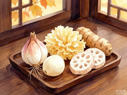 立秋中医养肺水彩画，秋季润燥食材与中药氛围